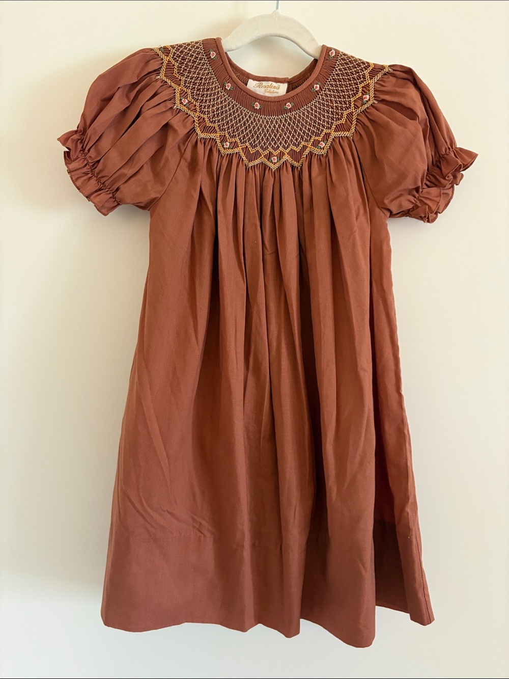 Hand-Smocked Girls' Formal Dress in Rust with Embroidered Yoke